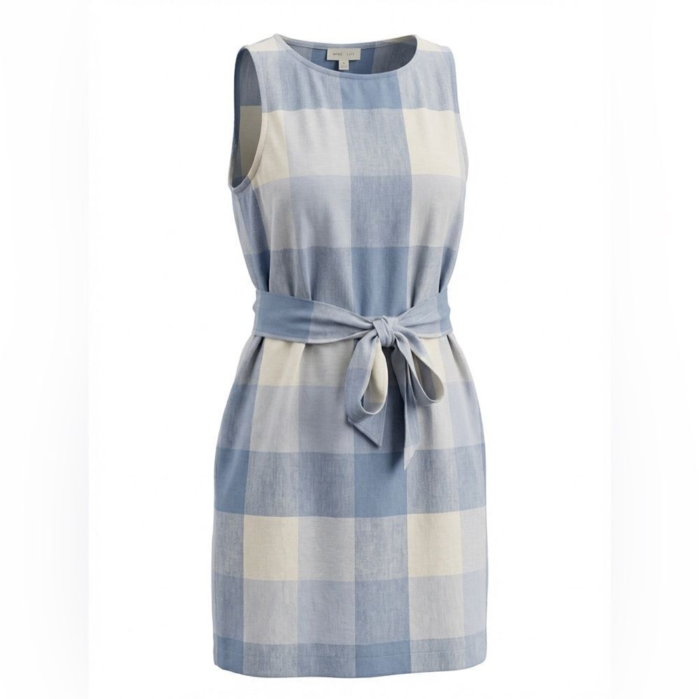 J JILL WOMENS LINEN SLEEVELESS DRESS BLUE AND WHITE SIZE M